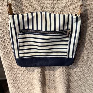 a new day Navy and Cream Striped Canvas Crossbody with Tan Strap